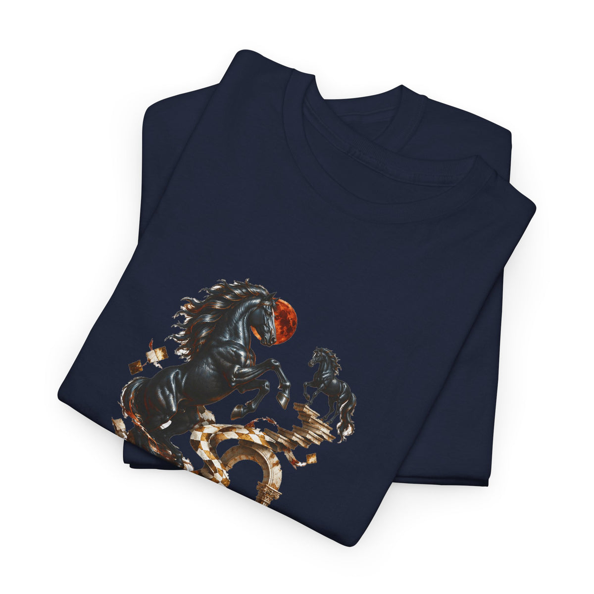 Surreal Black Horses Chess Fantasy T-Shirt Rearing Stallions Stairs Moon Tee