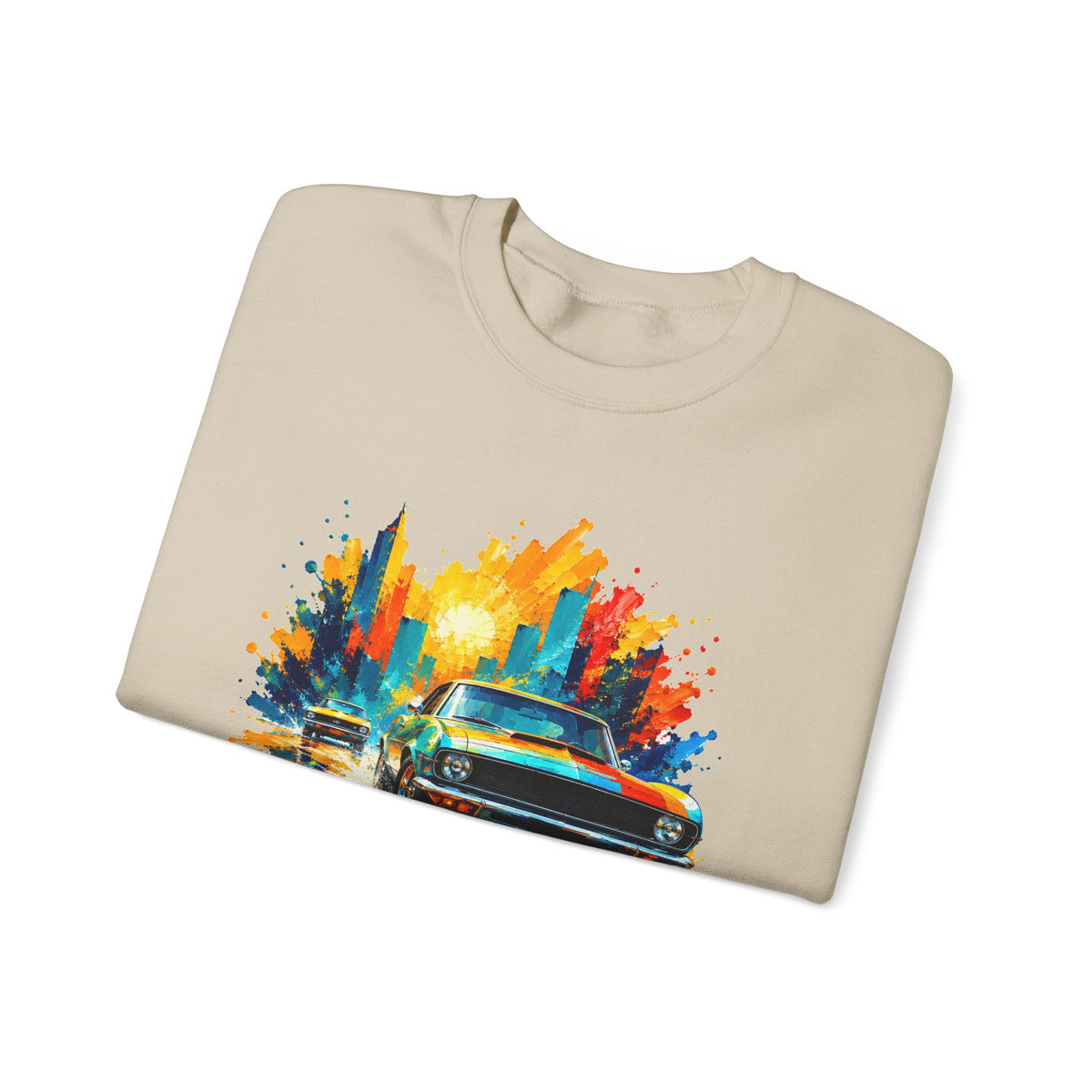Paint Splash Muscle Car Crewneck Sweatshirt Colorful City Sunset Classic Car Art