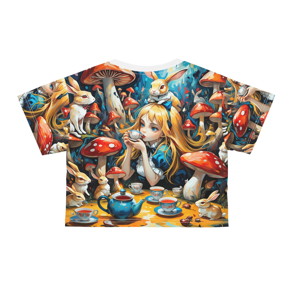 Wonderland Tea Party Crop Top Womens Mushroom Rabbit Fairytale All Over Print