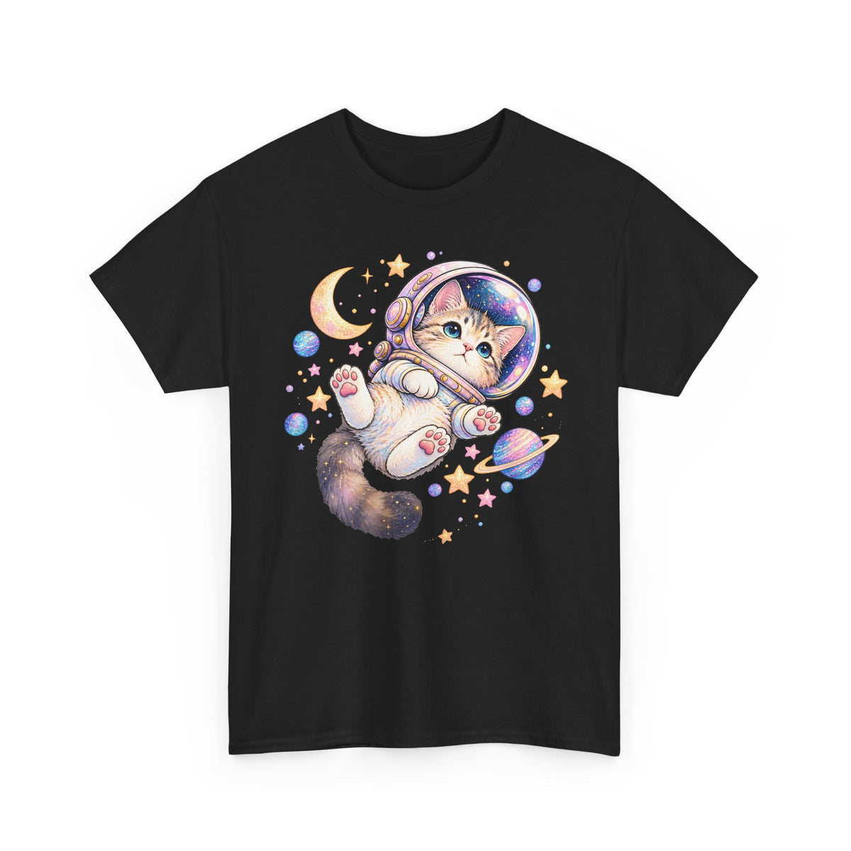 Astronaut Kitten T-Shirt, Cute Pastel Space Cat Helmet Moon Planets Stars Graphic Tee Unisex