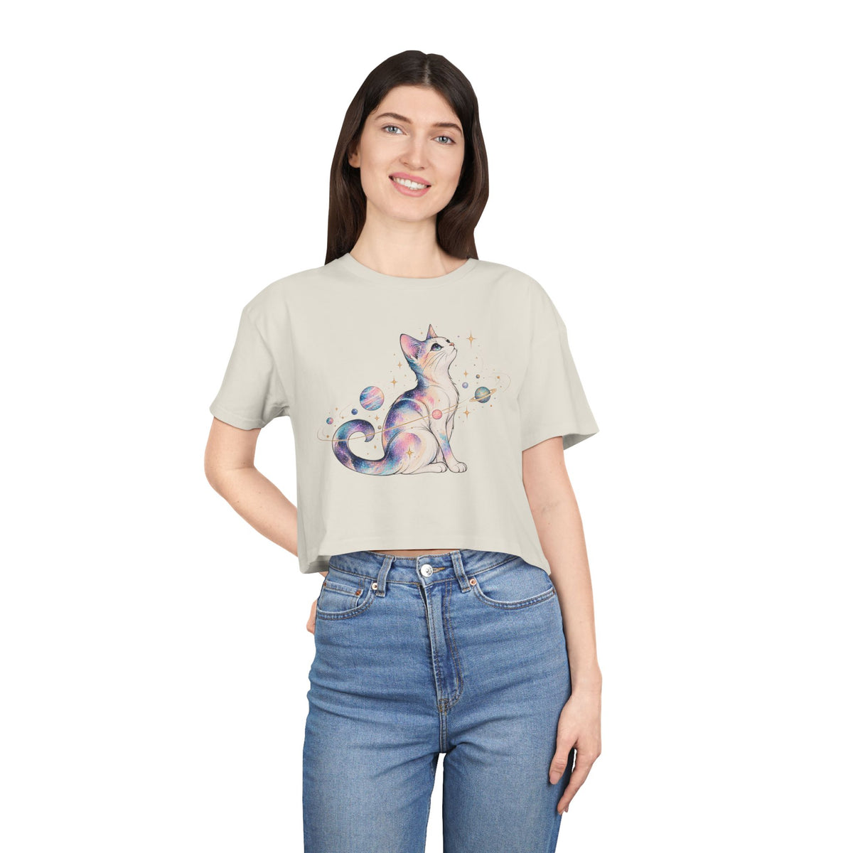 Cosmic Galaxy Cat Crop Tee, Pastel Watercolor Cat Planets Gold Stars Celestial Women's Cropped T-Shirt