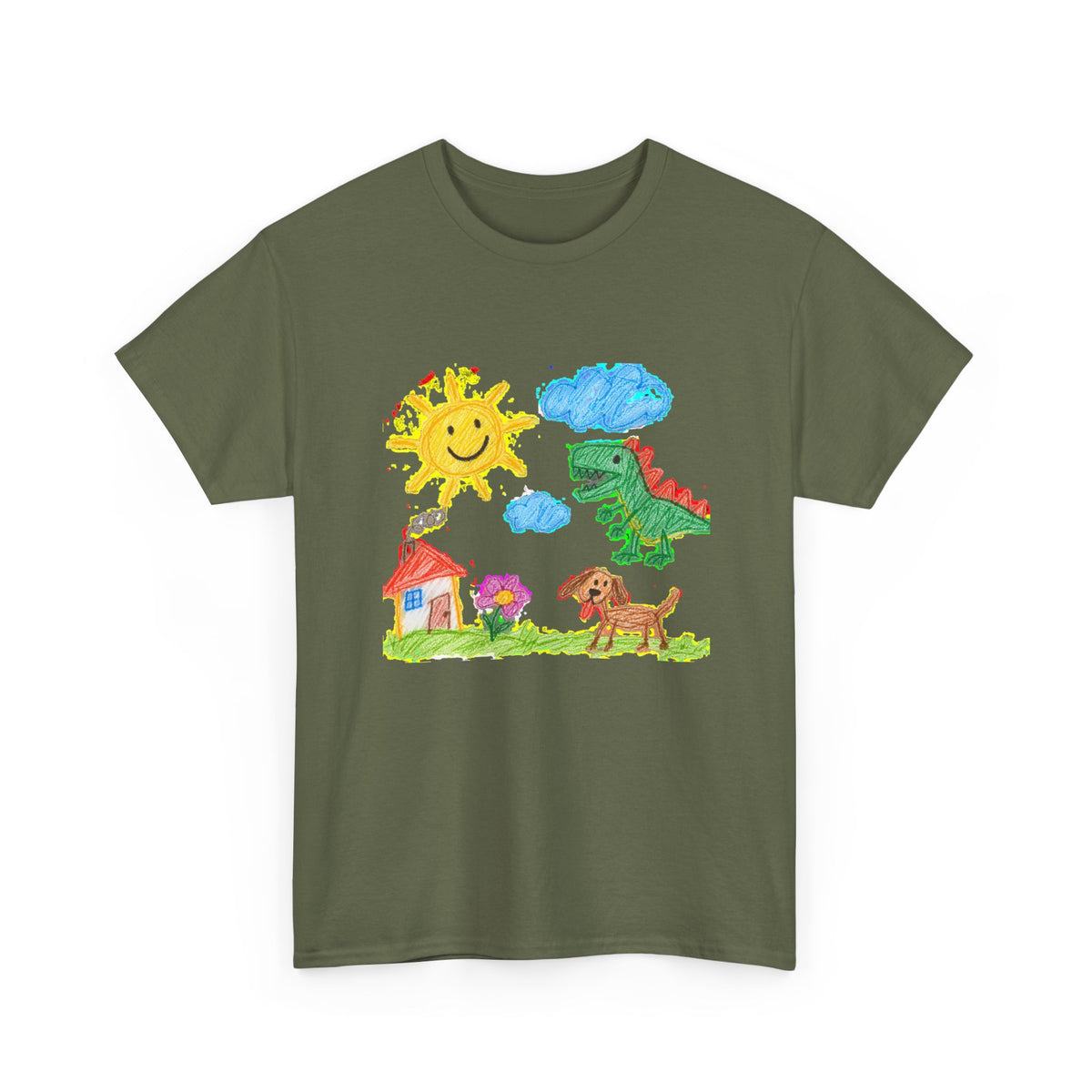 Kids Crayon Drawing T-Shirt Dinosaur Dog Sun House Cute Childlike Art Tee