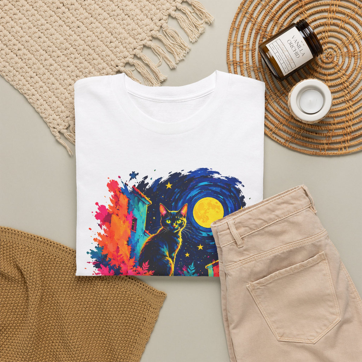 Black Cat on Moonlit Stairs T-Shirt Swirling Night Sky Yellow Moon Colorful Cat Art Tee