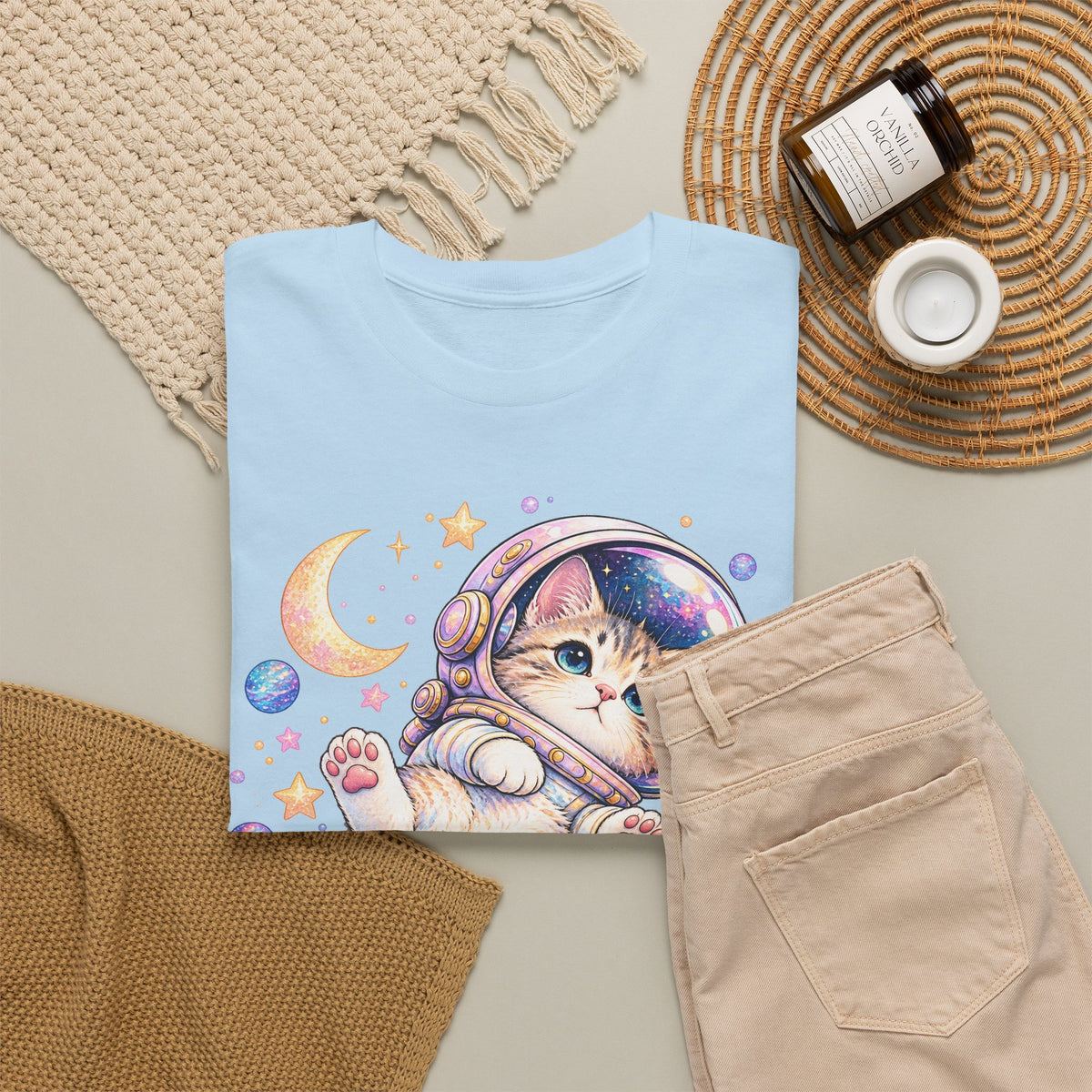 Astronaut Kitten T-Shirt, Cute Pastel Space Cat Helmet Moon Planets Stars Graphic Tee Unisex