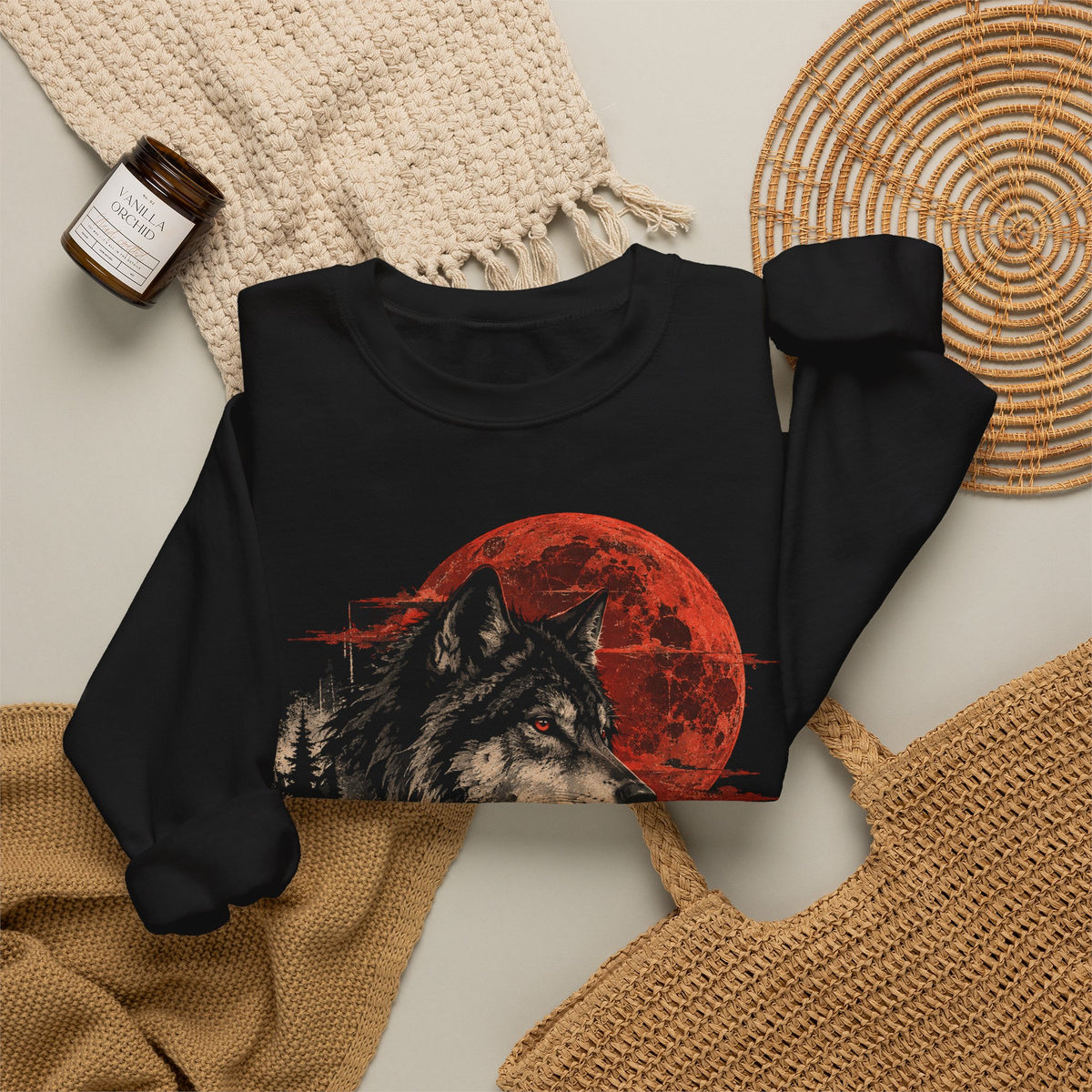 Blood Moon Wolf Sweatshirt Gray Wolf Red Full Moon Pine Forest Mountain Crewneck