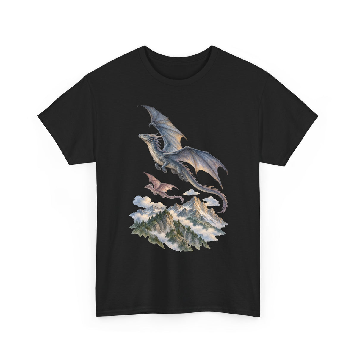 Twin Dragons Mountain Flight T-Shirt Fantasy Dragons Snowy Mountains Pine Forest Tee