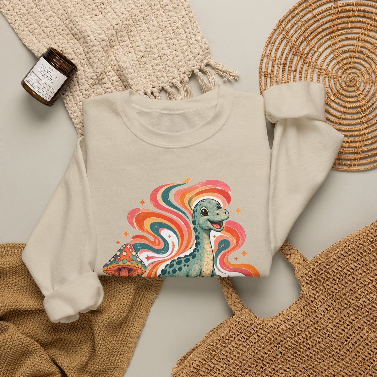 Groovy Brontosaurus Sweatshirt Retro 70s Dinosaur Mushroom Daisy Crewneck