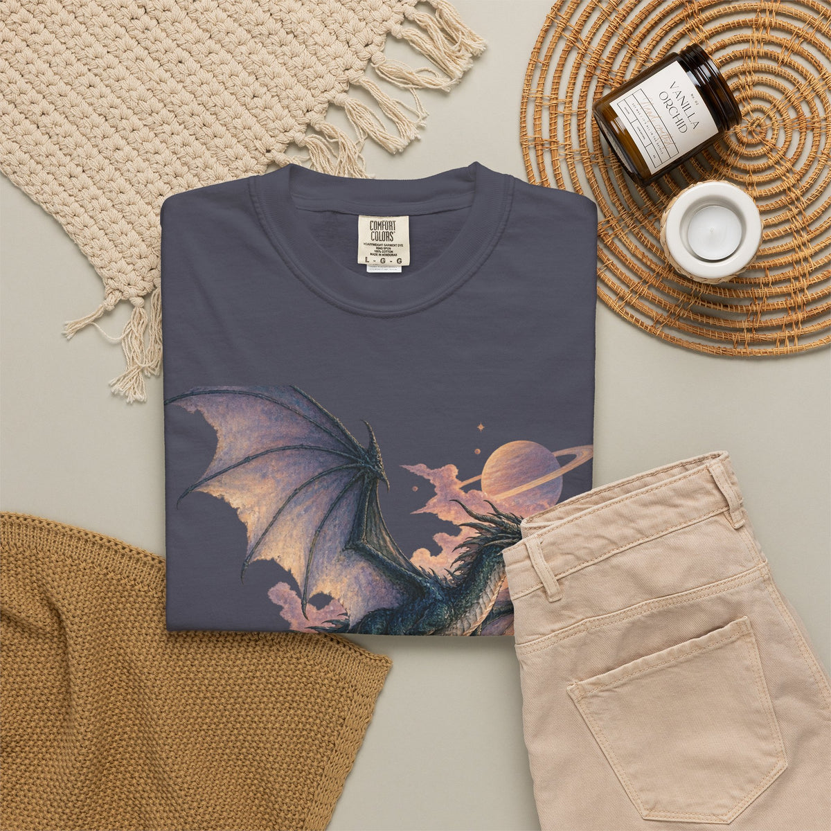 Celestial Dragon Over Forest Tee Fantasy Ringed Planet Mountain Shirt
