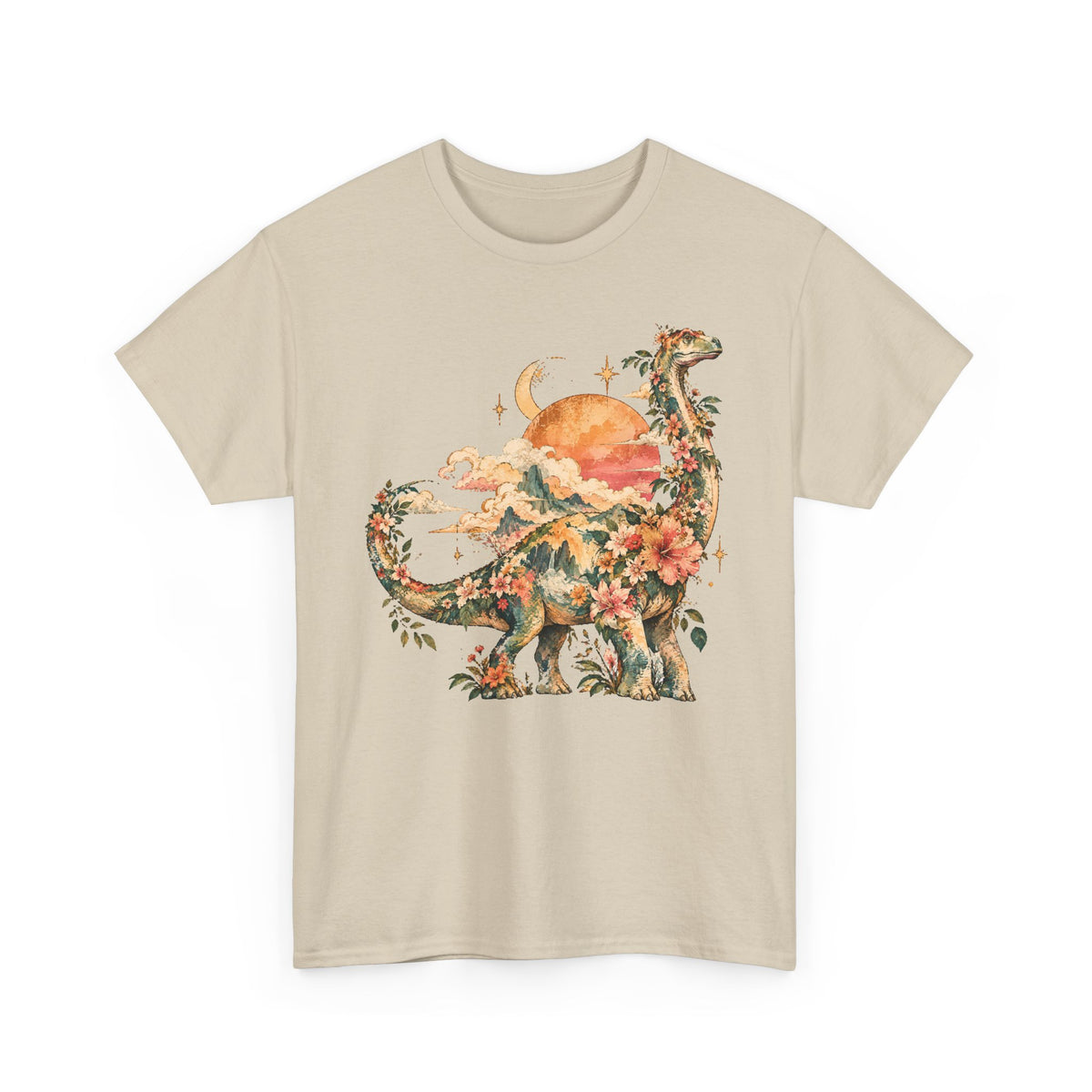 Floral Dinosaur T-Shirt, Vintage Brontosaurus Sunset Mountains Graphic Tee Unisex Nature Shirt