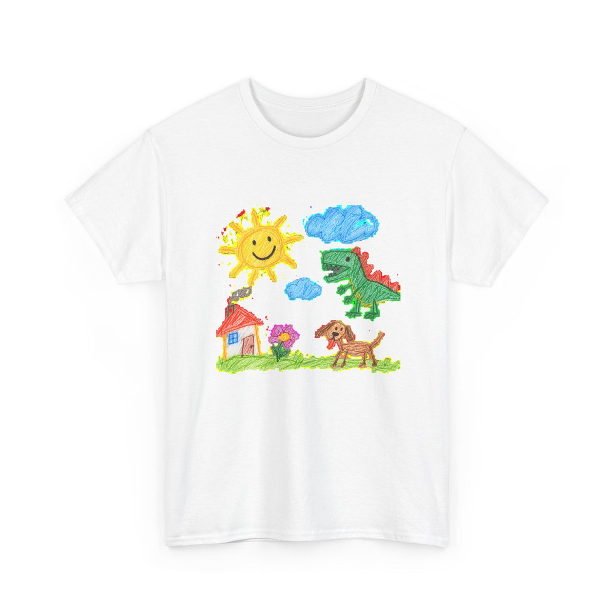 Kids Crayon Drawing T-Shirt Dinosaur Dog Sun House Cute Childlike Art Tee