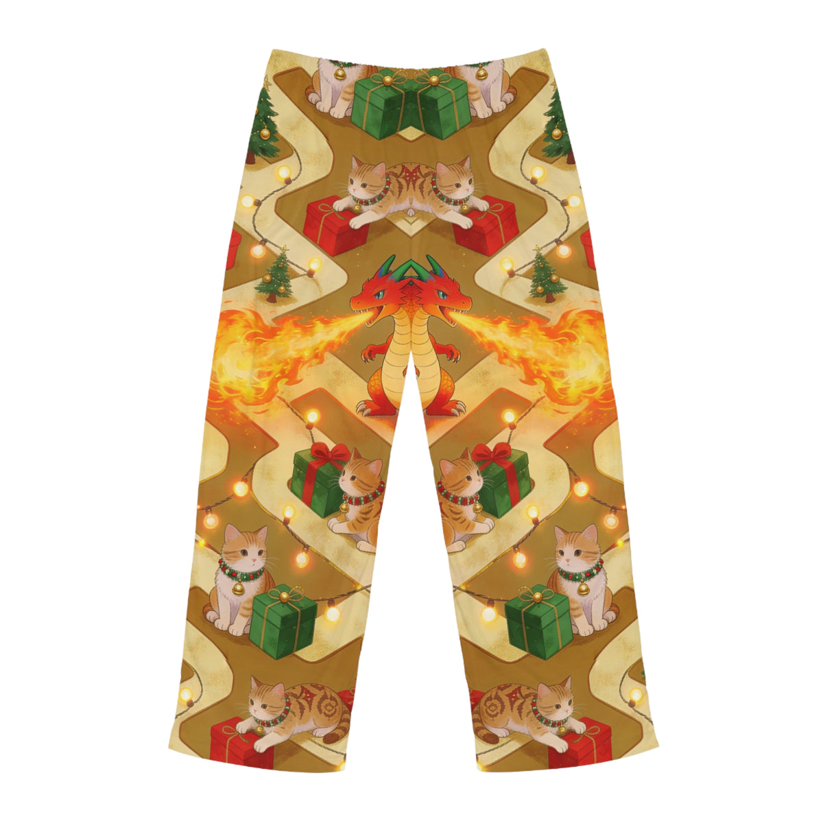 Christmas Dragon and Cats Mens Pajama Pants Dragon Cat Holiday Sleep Pants
