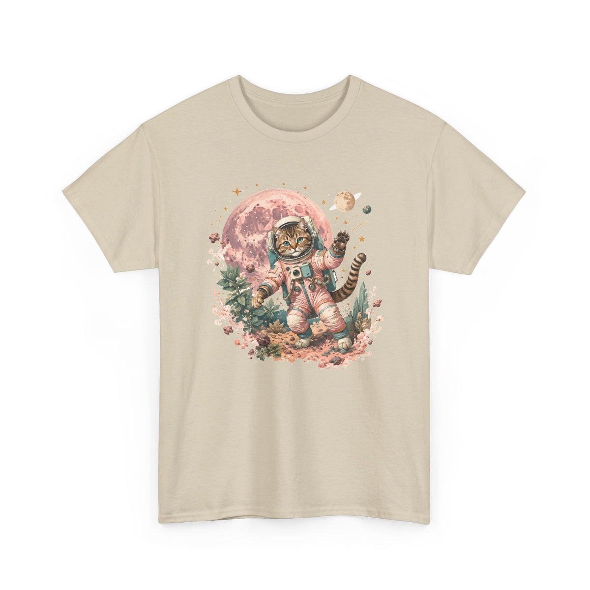 Tabby Cat Astronaut T-Shirt Pastel Pink Moon Space Cat Waving Tee
