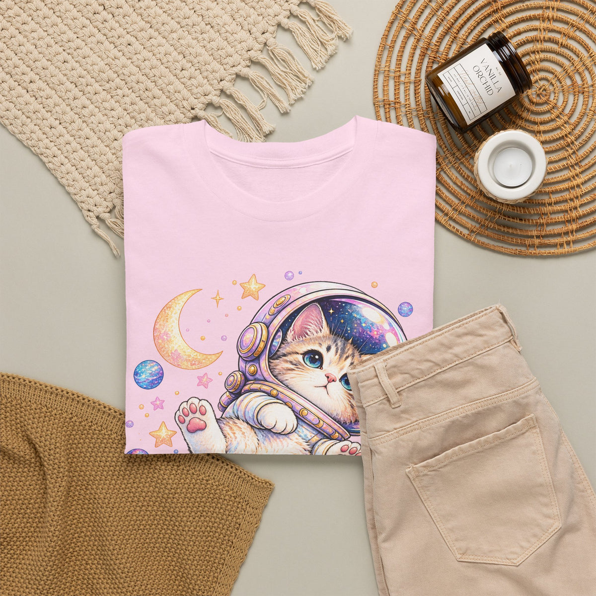 Astronaut Kitten T-Shirt, Cute Pastel Space Cat Helmet Moon Planets Stars Graphic Tee Unisex