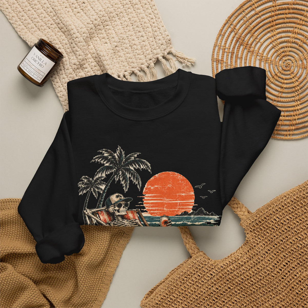Beach Skeleton Sunset Sweatshirt Palm Trees Vacation Mode Skeleton Crewneck