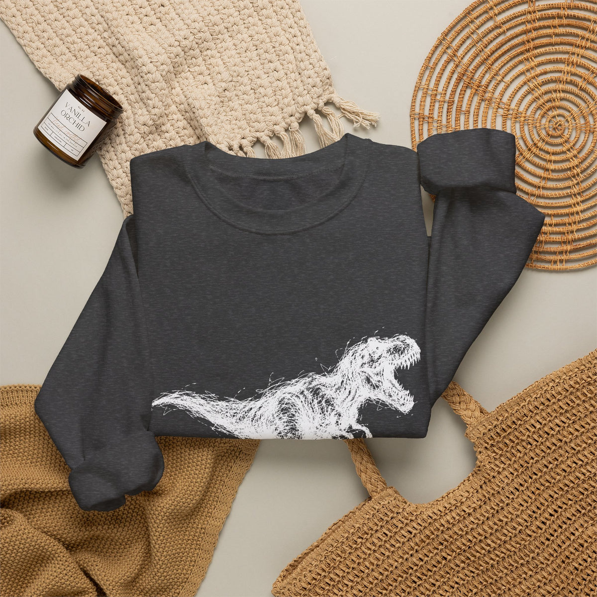 Scribble White T-Rex on Black Sweatshirt Minimal Line Art Dinosaur
