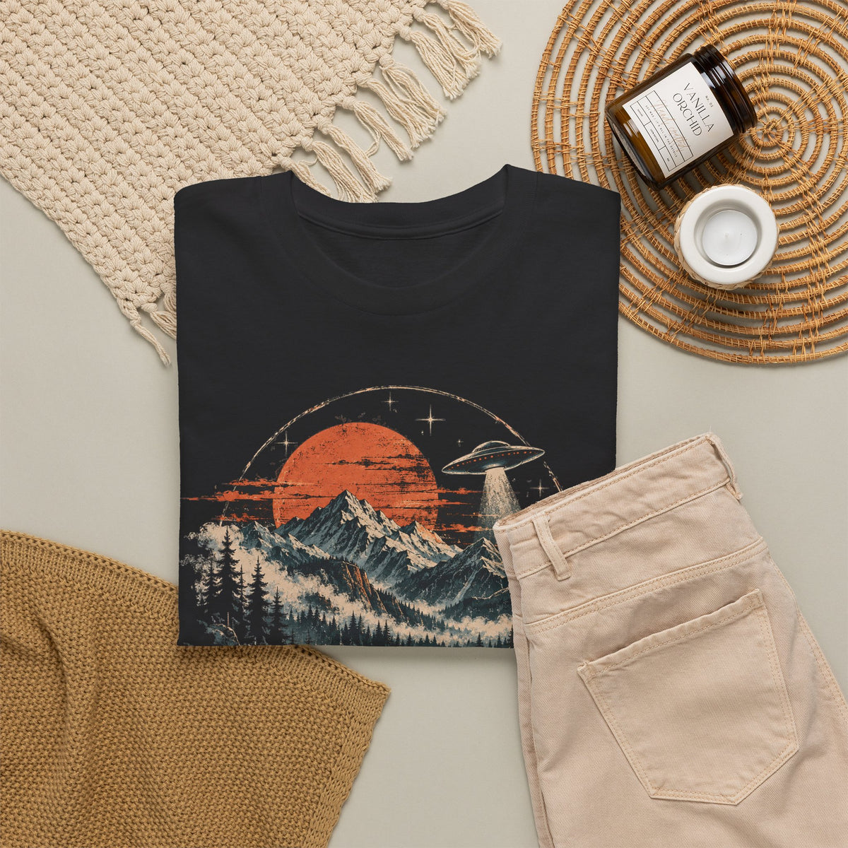 UFO Mountain Lake T-Shirt Flying Saucer Orange Moon Alien Graphic Tee