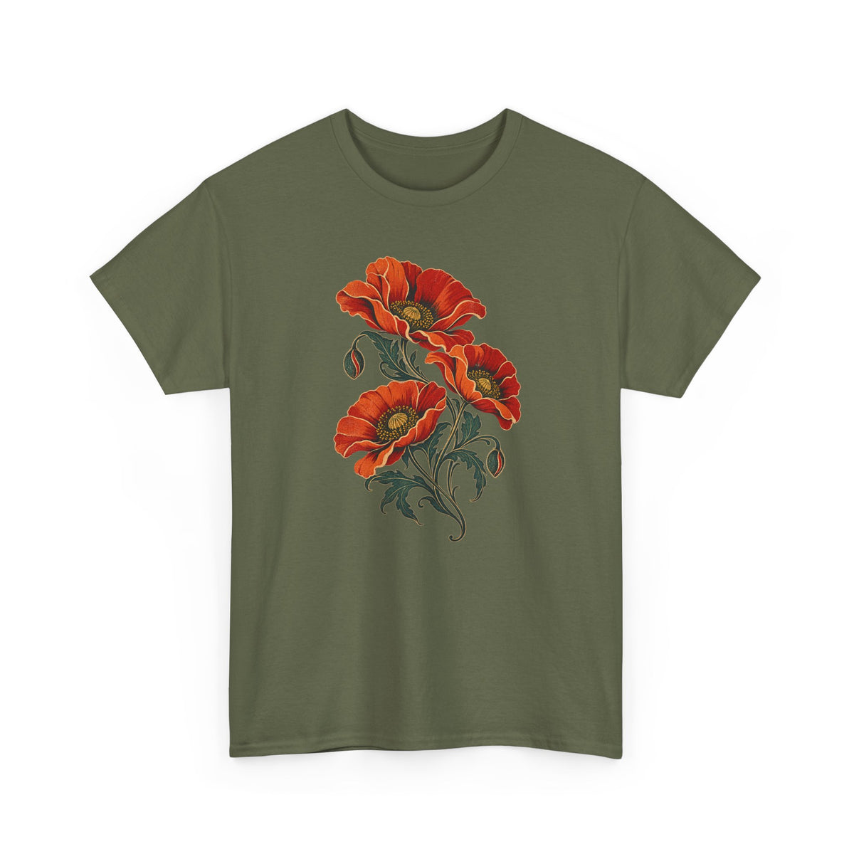Orange Poppies Botanical T-Shirt Gold Outline Vintage Floral Tee