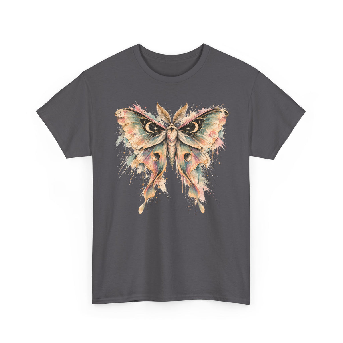 Celestial Luna Moth T-Shirt, Pastel Watercolor Moth Crescent Moon Stars Paint Drip Graphic Tee Unisex