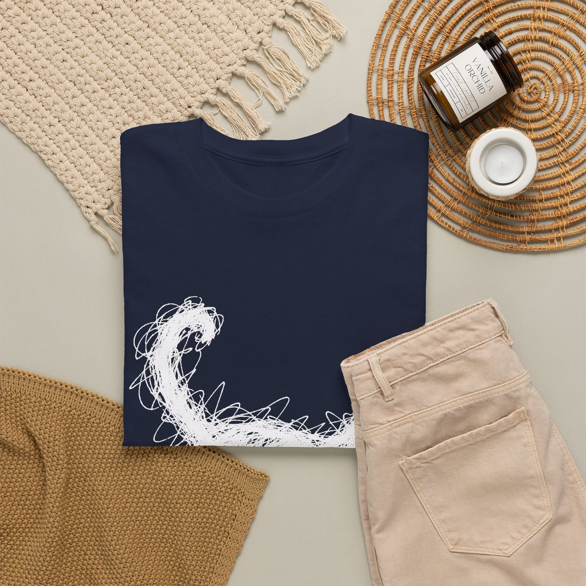Scribble White Cat on Black T-Shirt Minimal Line Art Cat