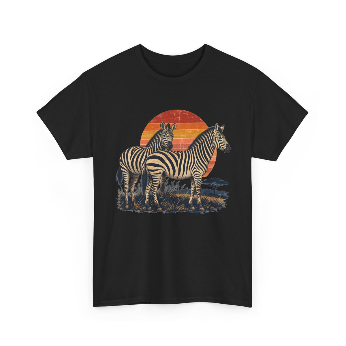 Twin Zebras Sunset T-Shirt Retro Savanna Striped Tee