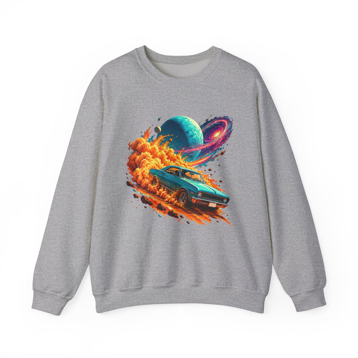 Cosmic Muscle Car Drift Crewneck Sweatshirt Teal Classic Car Orange Dust Planet Galaxy Art