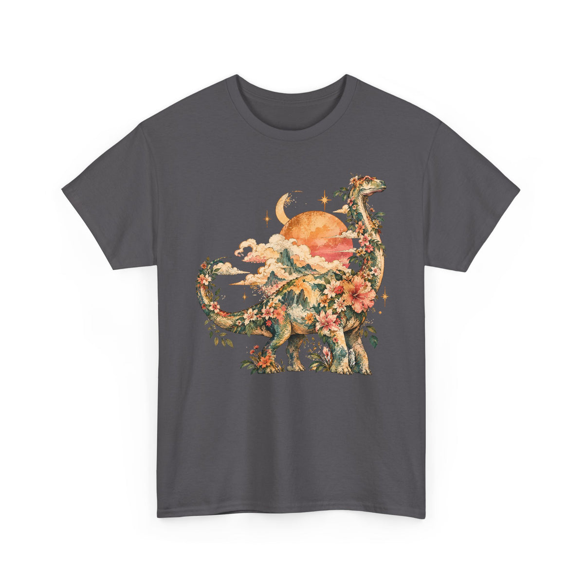 Floral Dinosaur T-Shirt, Vintage Brontosaurus Sunset Mountains Graphic Tee Unisex Nature Shirt