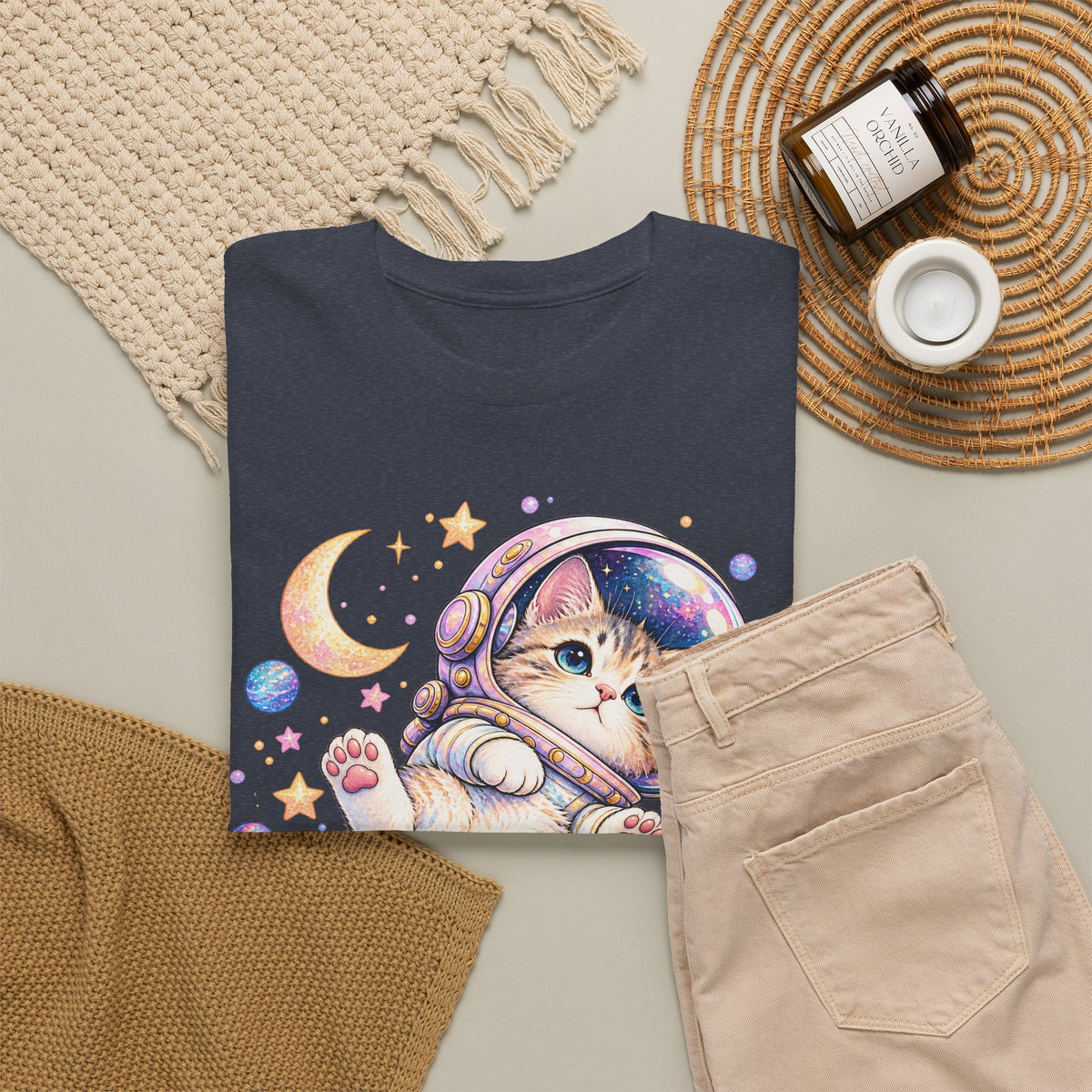 Astronaut Kitten T-Shirt, Cute Pastel Space Cat Helmet Moon Planets Stars Graphic Tee Unisex
