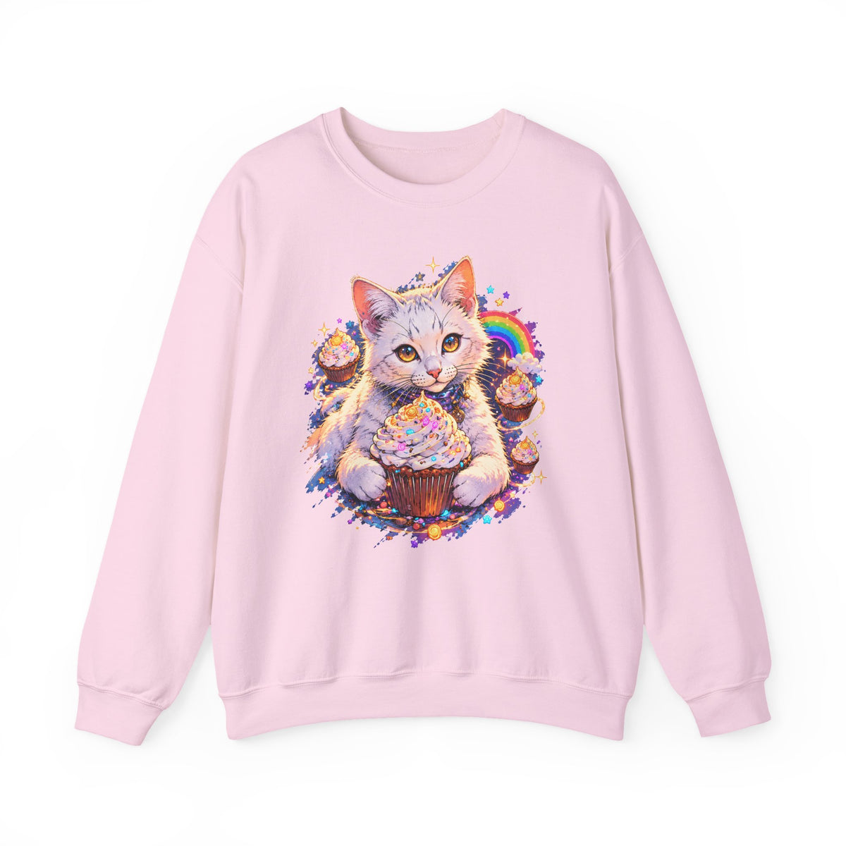 Birthday Cat Cupcake Crewneck Sweatshirt Cute White Kitten Rainbow Sprinkles Party Art