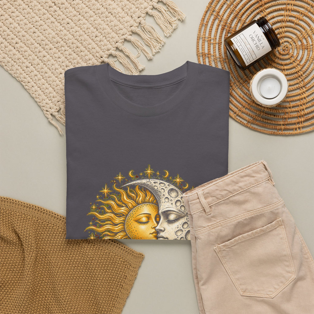 Celestial Sun and Moon Kiss T-Shirt Gold Silver Stars Romance Woodcut Tee