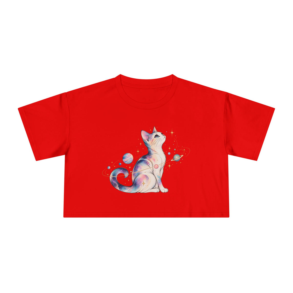 Cosmic Galaxy Cat Crop Tee, Pastel Watercolor Cat Planets Gold Stars Celestial Women's Cropped T-Shirt