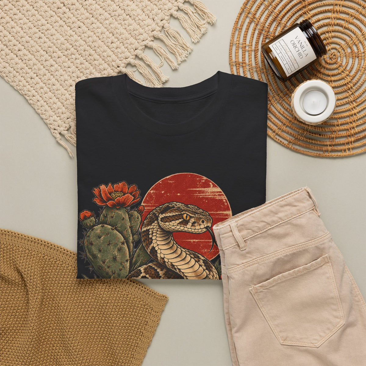 Desert Rattlesnake Cactus T-Shirt Red Sun Western Snake Tee