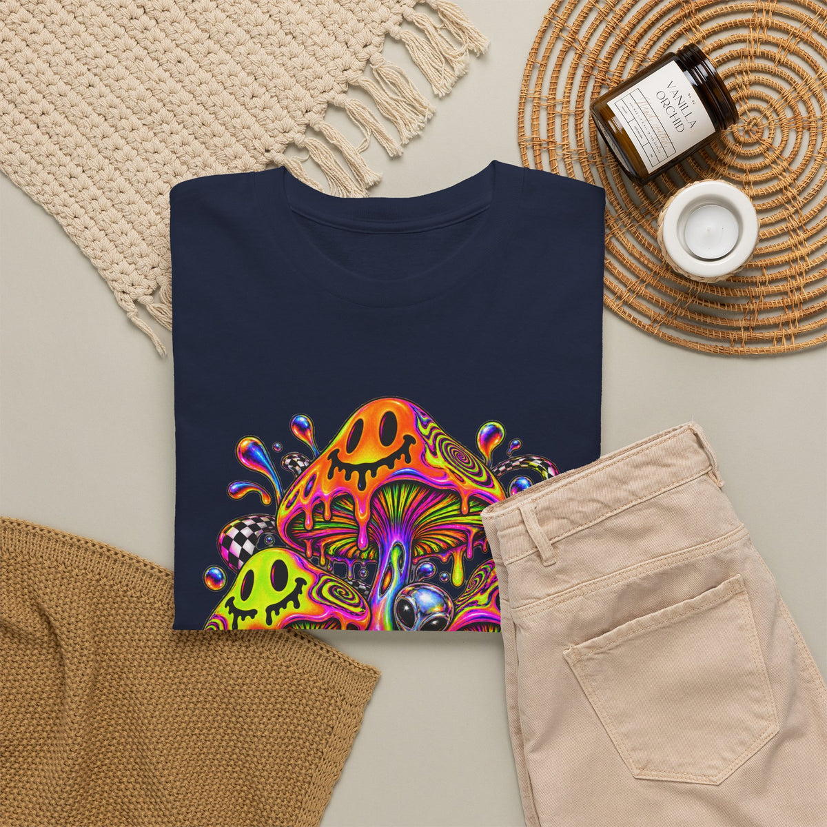 Neon Smiley Mushrooms T-Shirt Acid Alien Trippy Psychedelic Tee