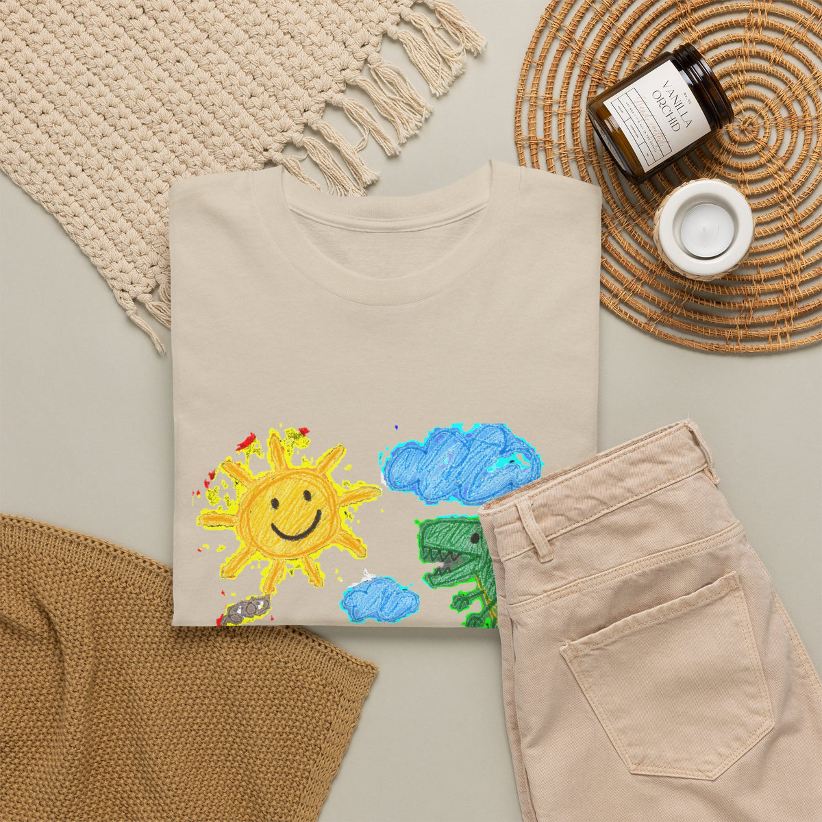 Kids Crayon Drawing T-Shirt Dinosaur Dog Sun House Cute Childlike Art Tee