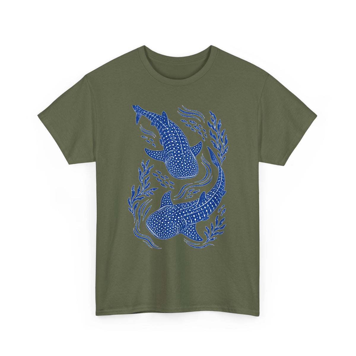 Whale Shark Linocut T-Shirt Blue Block Print Ocean Seaweed Fish Tee