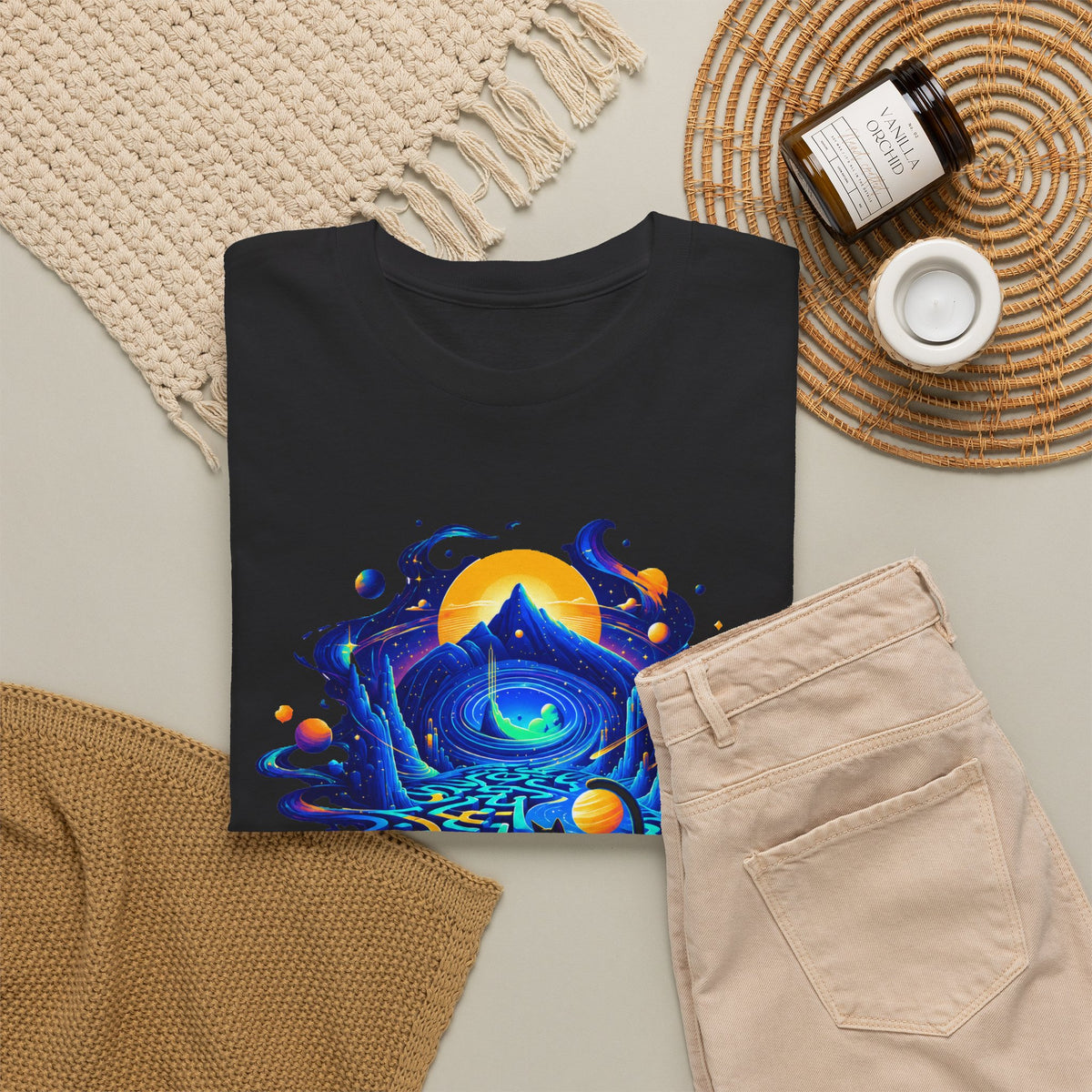 Cosmic Black Cat Maze T-Shirt Celestial Galaxy Labyrinth Mountain Sun Cat Lover Tee