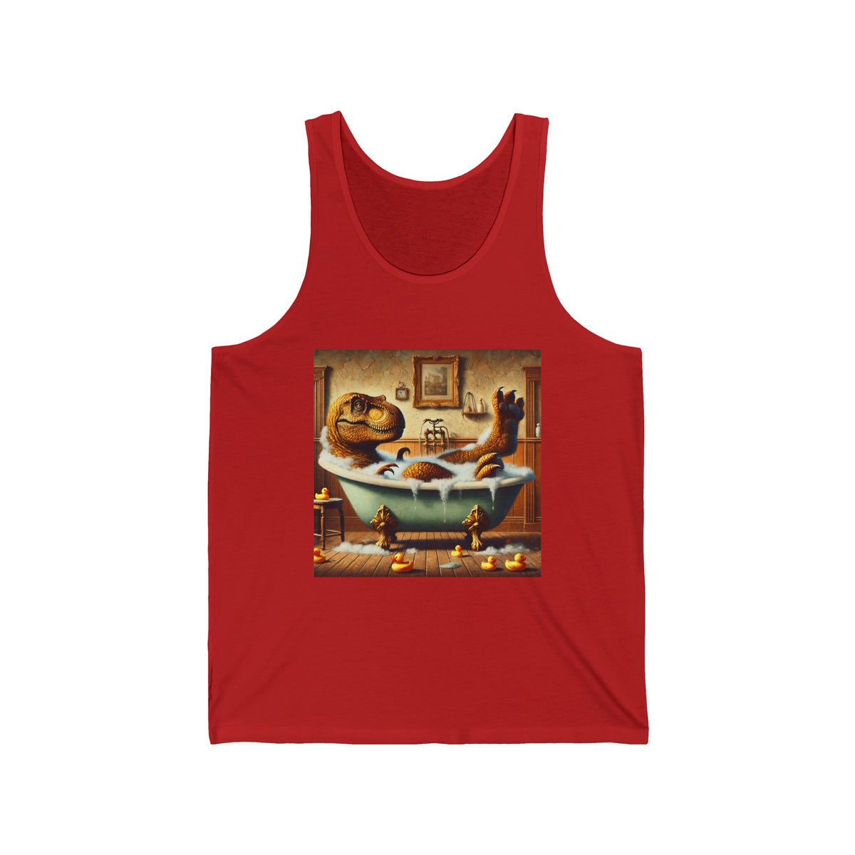 Funny T-Rex in Bubble Bath Graphic Tank Top Unisex Jersey Tank