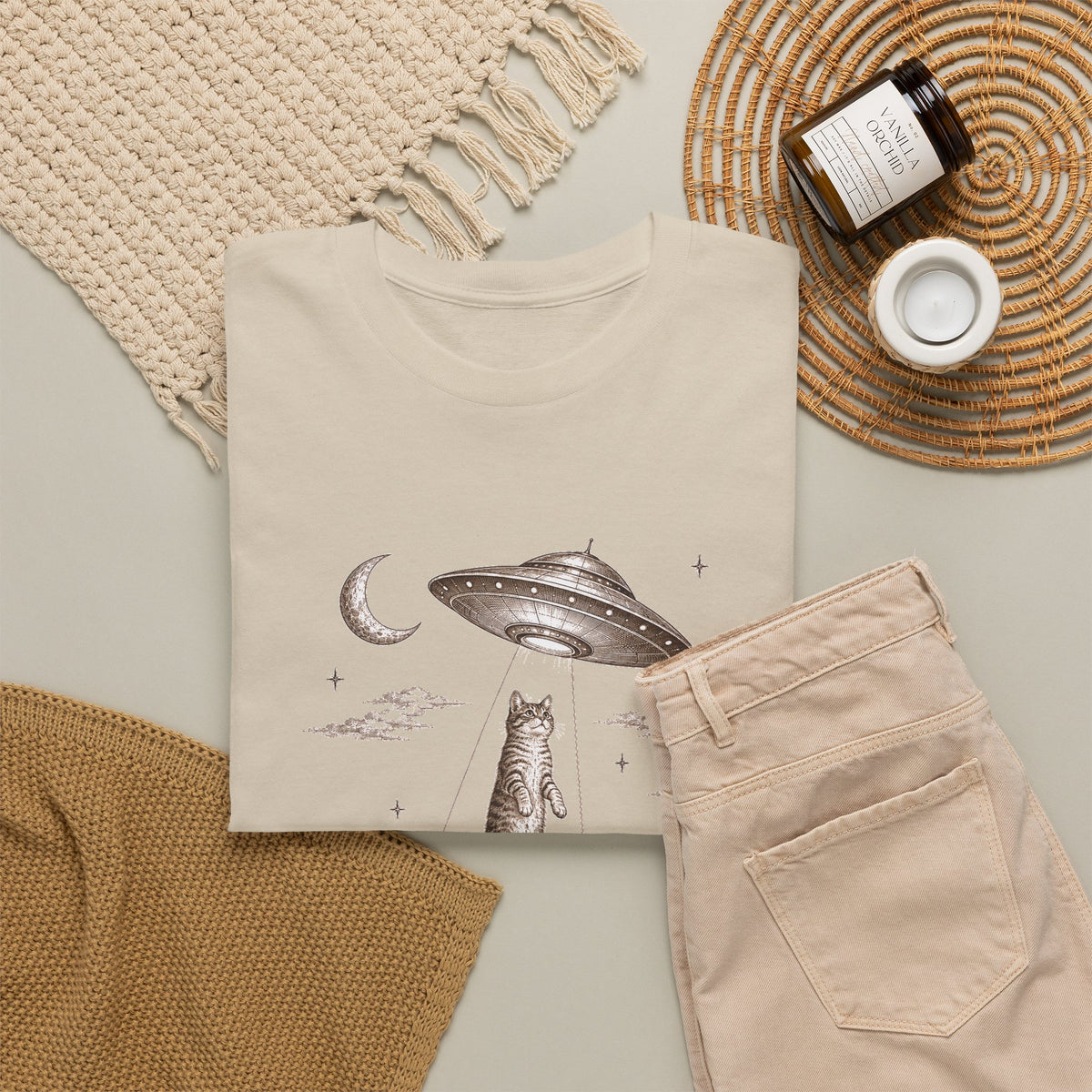 UFO Cat Abduction T-Shirt Sepia Desert Tabby Alien Beam Tee