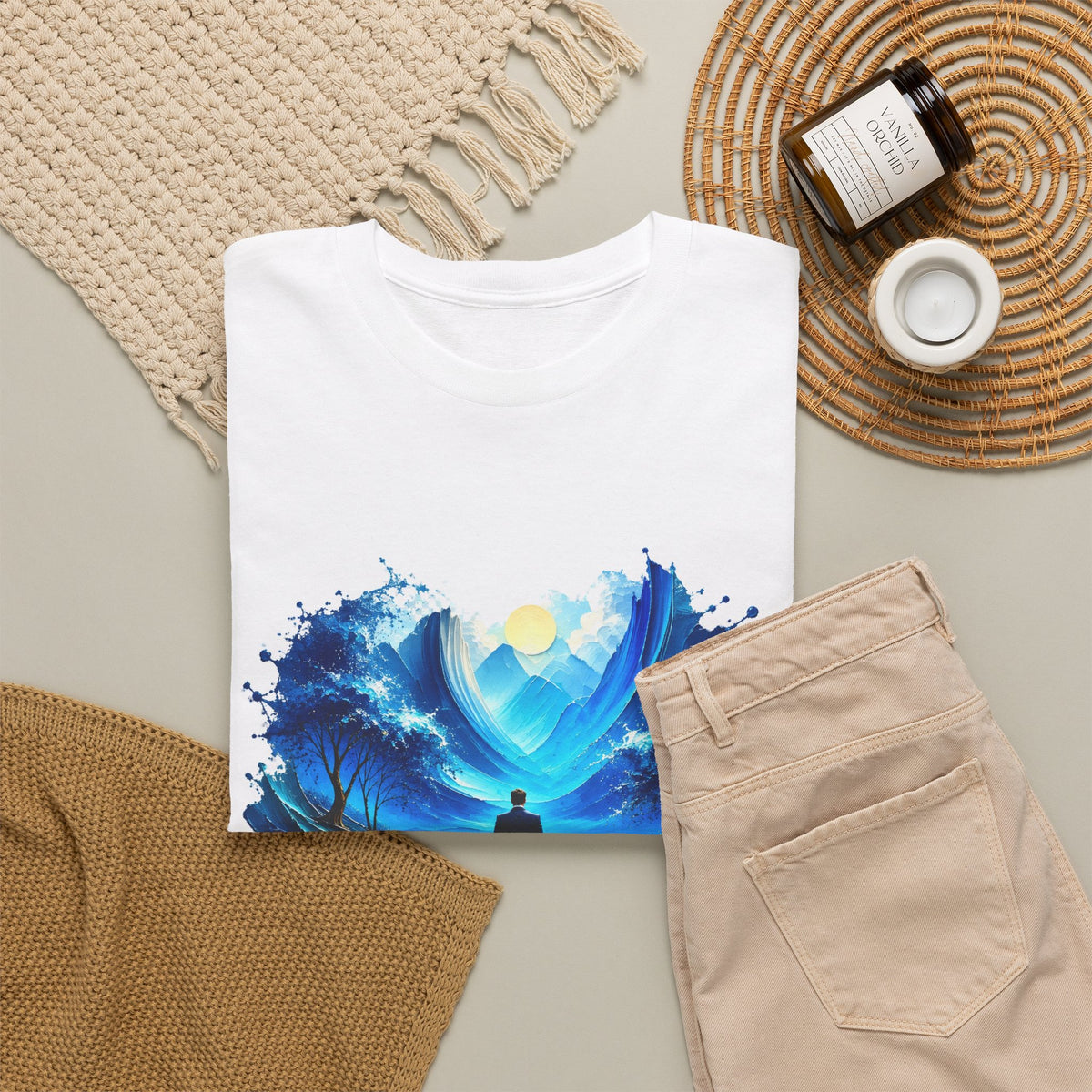Blue Dreamscape Wanderer T-Shirt Man Walking on Water Toward the Sun Paint Splash Art