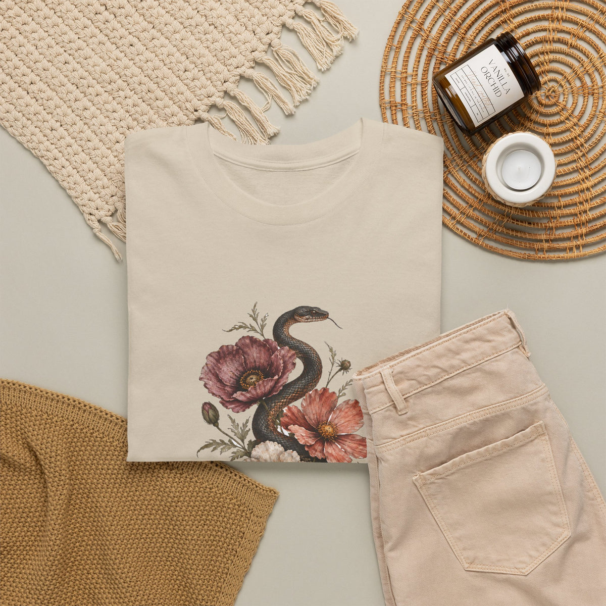 Snake and Poppies T-Shirt Vintage Botanical Serpent Flower Tattoo Style Tee