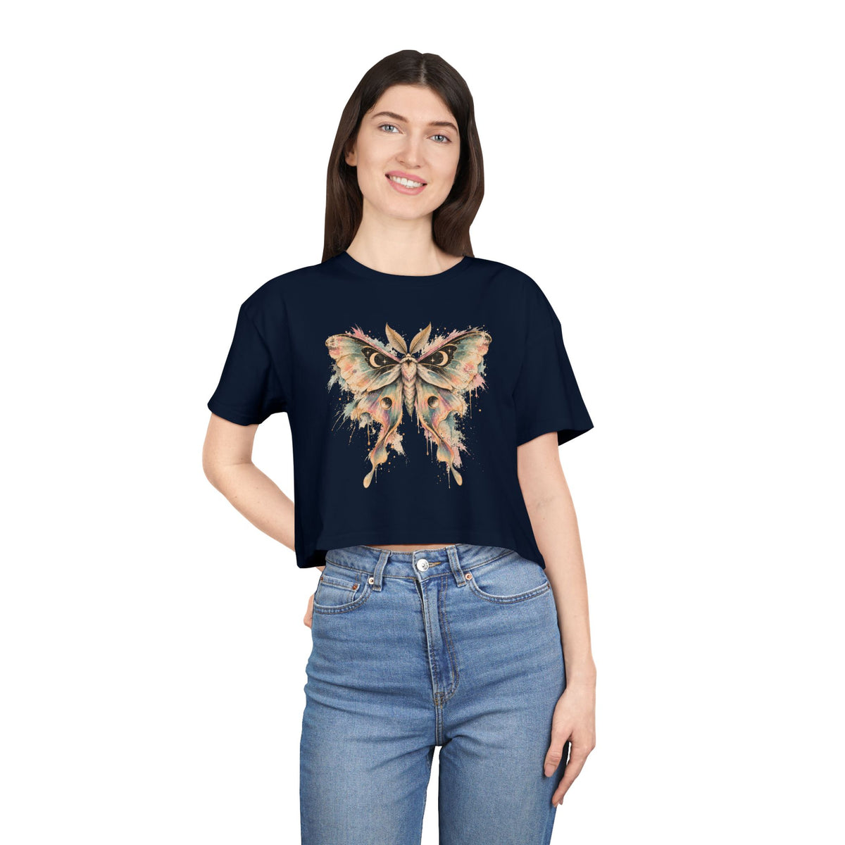 Celestial Luna Moth Crop Tee, Pastel Watercolor Moth Crescent Moon Stars Paint Drip Women's Cropped T-Shirt