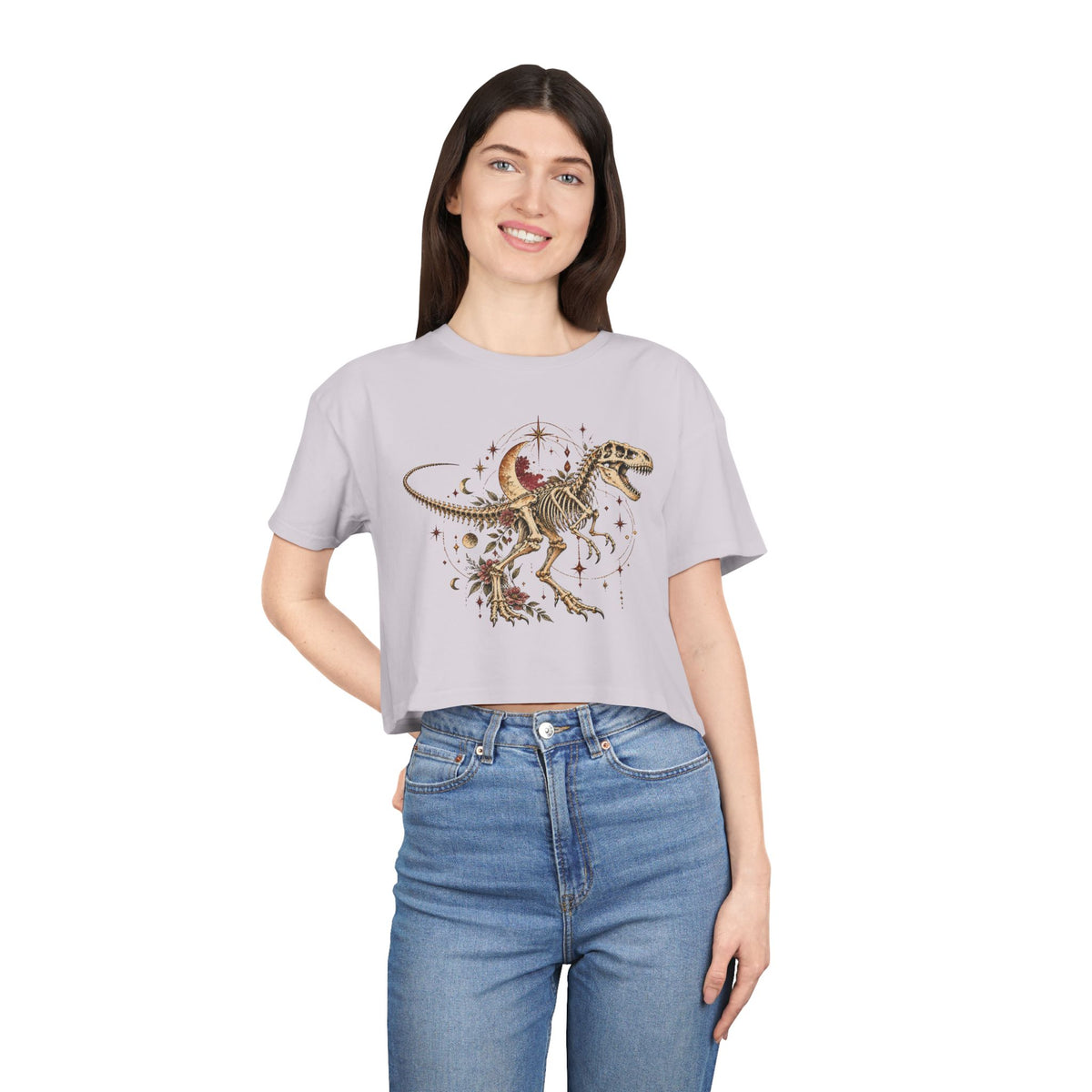 Celestial T-Rex Skeleton Crop Tee, Dark Academia Moon Stars Floral Dinosaur Women's Cropped T-Shirt
