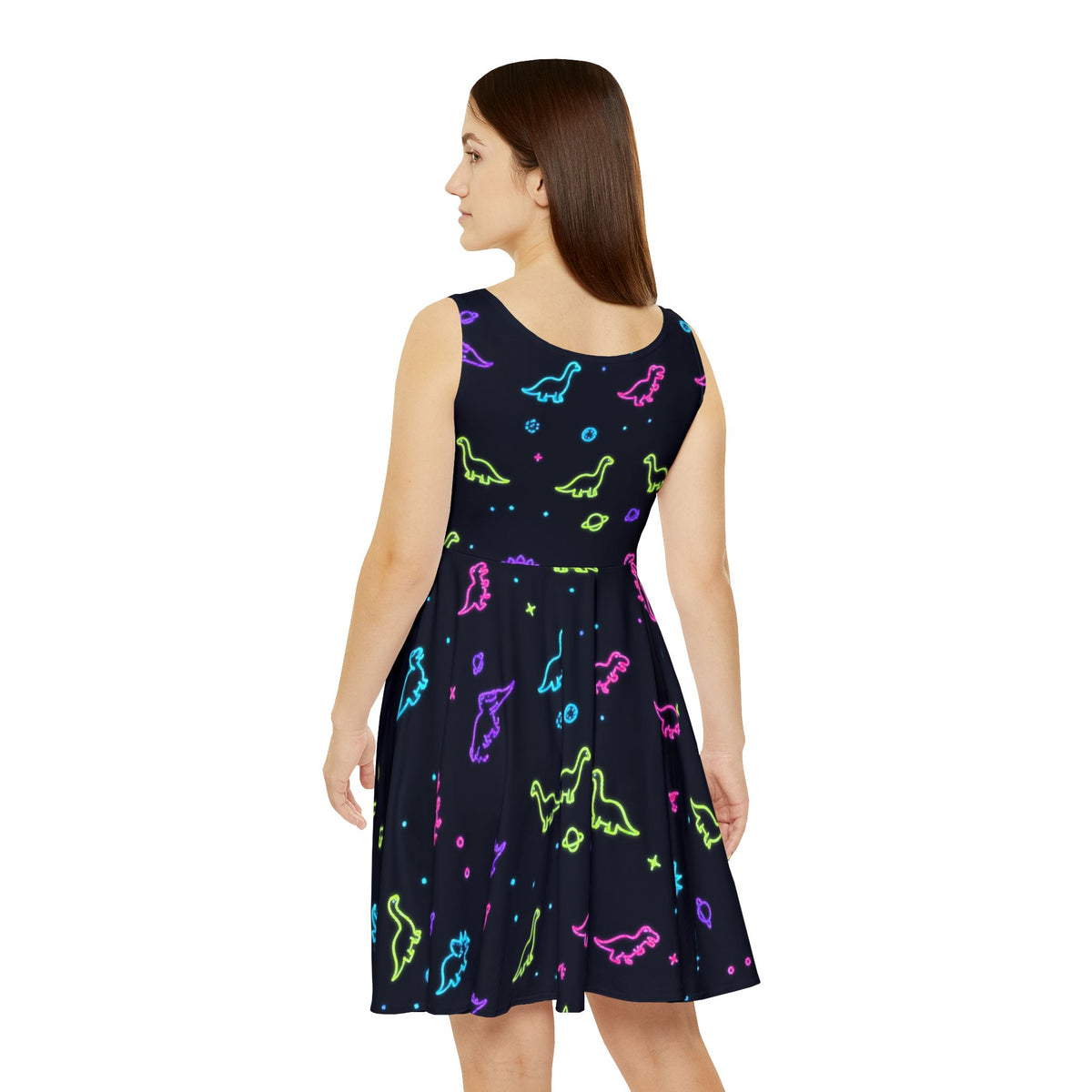 Neon Dinosaur Space Skater Dress Women All Over Print Galaxy Dino Stars Black
