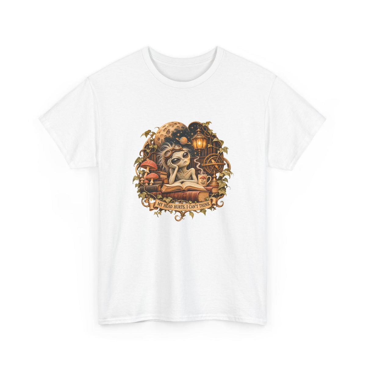 My Head Hurts I Can't Think T-Shirt Alien Scholar Books Funny Tee