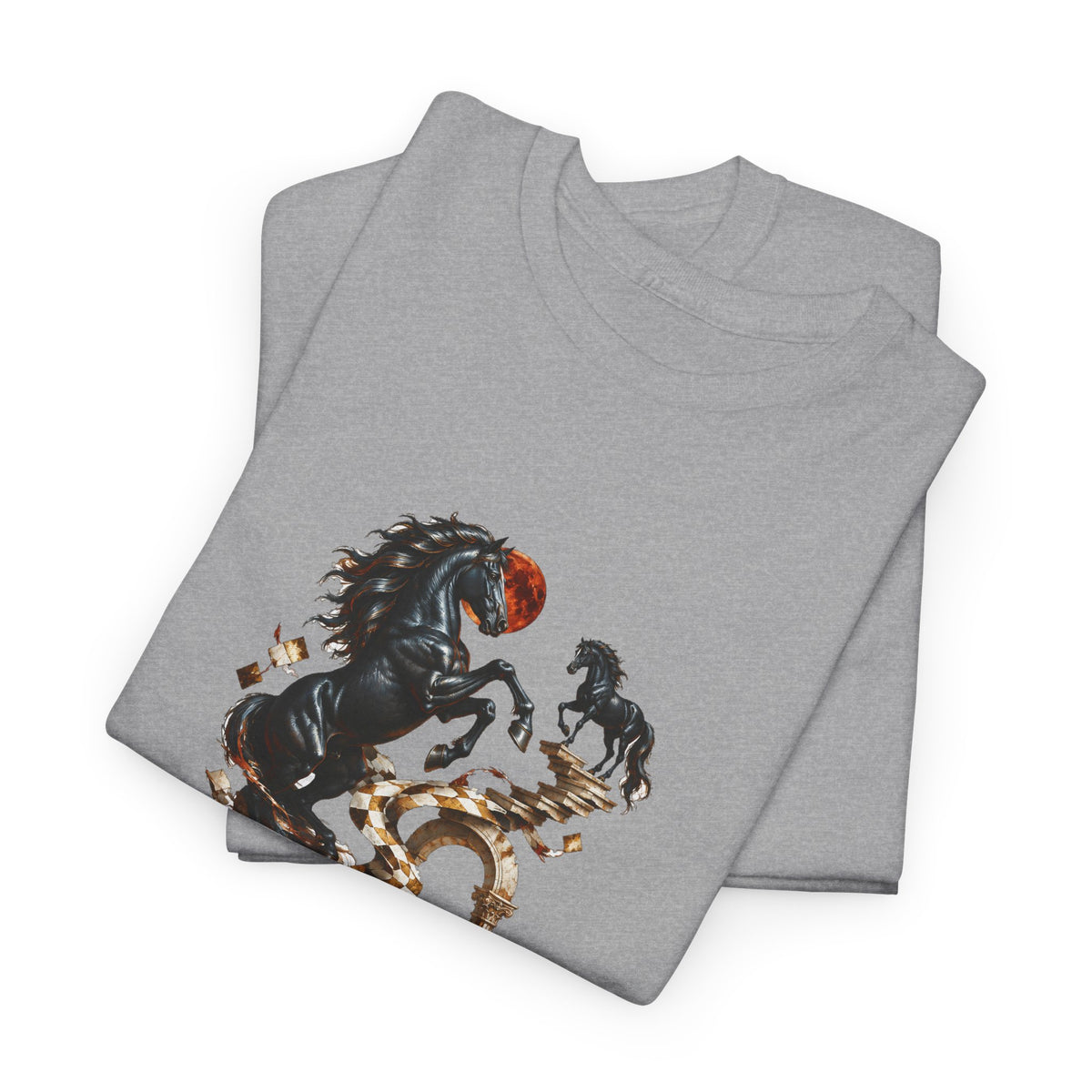 Surreal Black Horses Chess Fantasy T-Shirt Rearing Stallions Stairs Moon Tee
