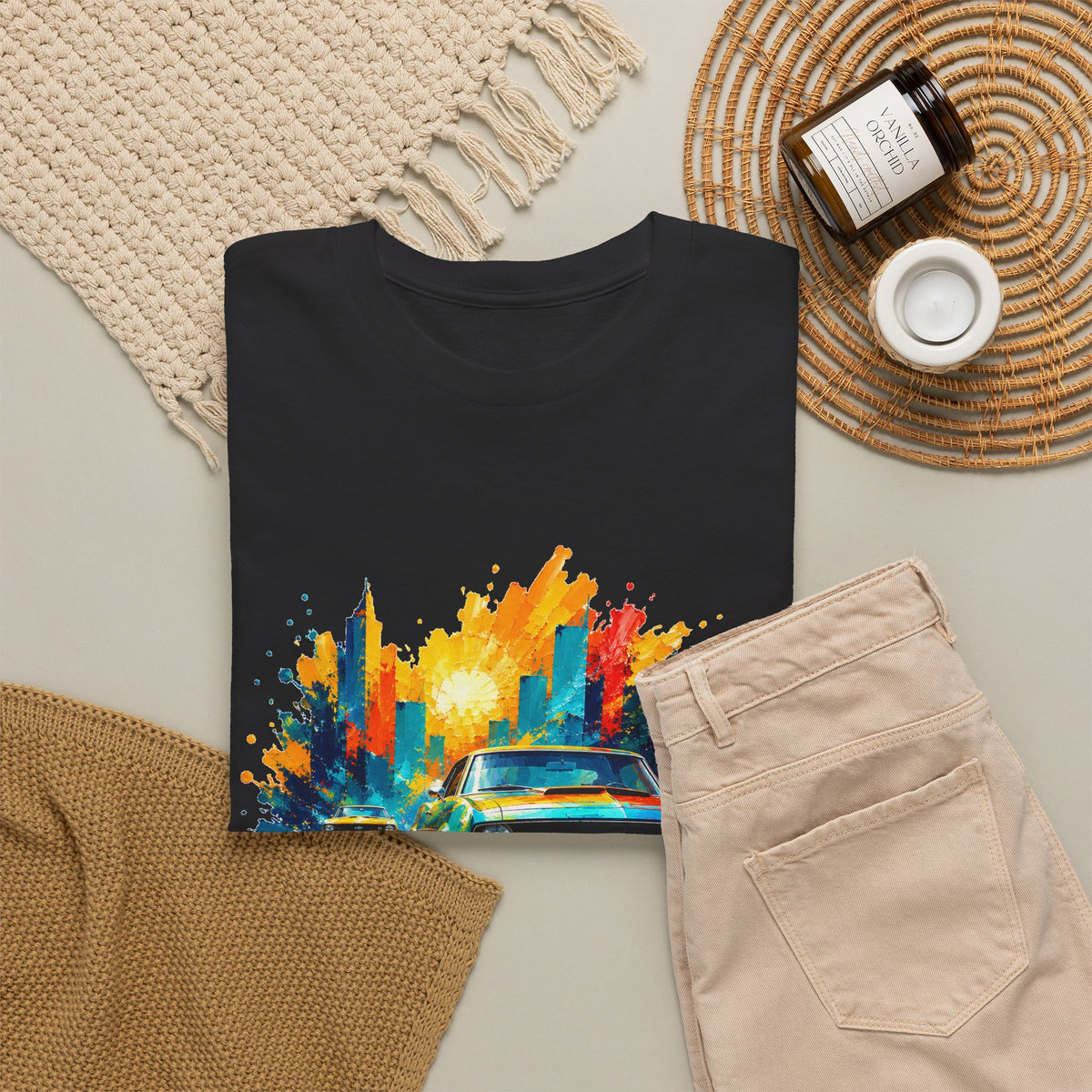 Paint Splash Muscle Car T-Shirt Colorful City Sunset Classic Car Art