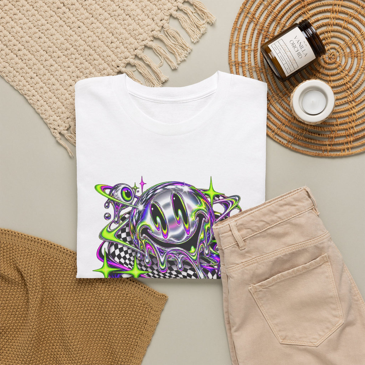 Chrome Melting Smiley T-Shirt Acid Trippy Y2K Psychedelic Tee