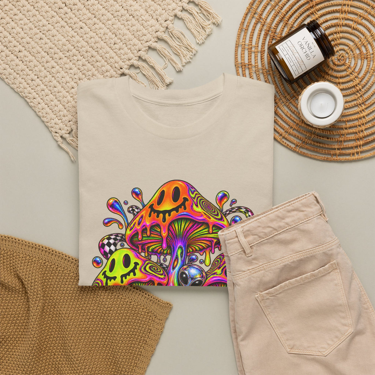 Neon Smiley Mushrooms T-Shirt Acid Alien Trippy Psychedelic Tee