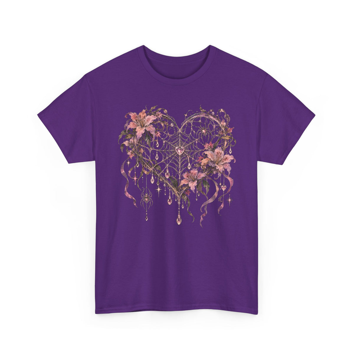 Gothic Spiderweb Heart T-Shirt Pink Lilies Crystal Pastel Goth Graphic Tee