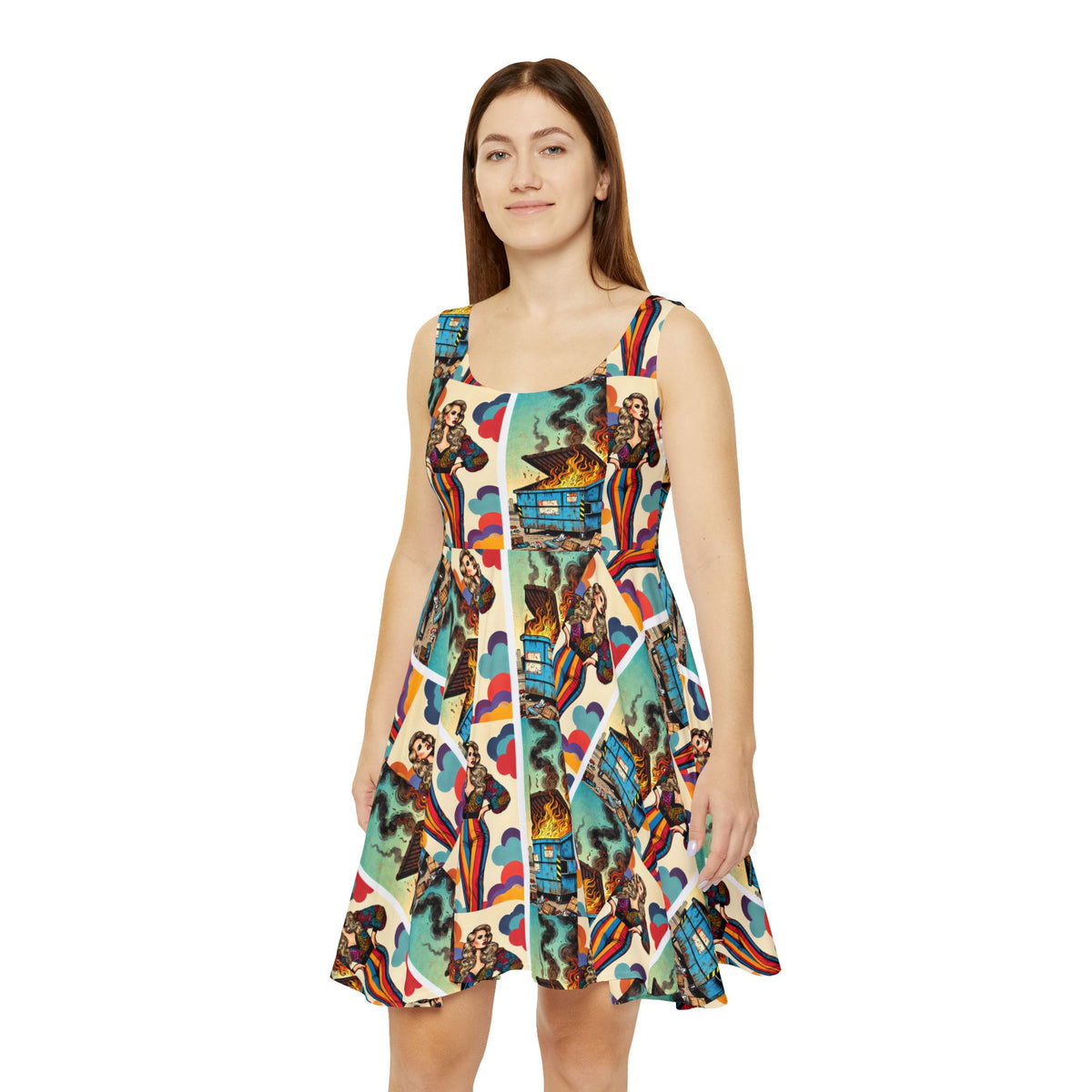 Dumpster Fire Print Womens Skater Dress Funny Sarcastic Gift