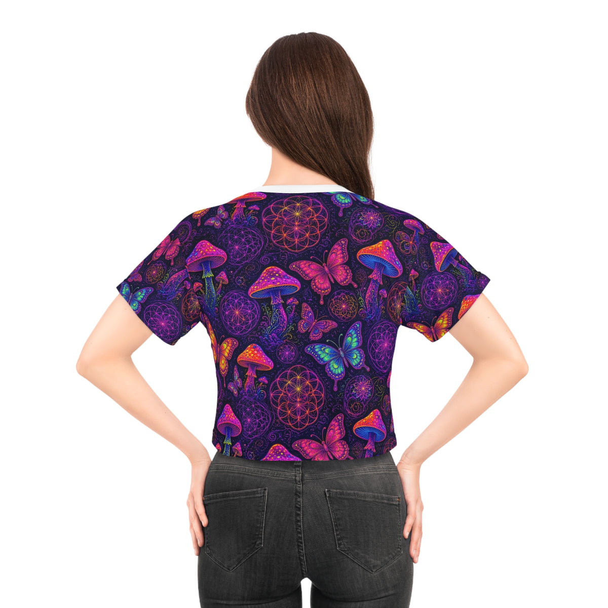Neon Mushroom Butterfly Sacred Geometry Rave Crop Top Women Psychedelic EDM